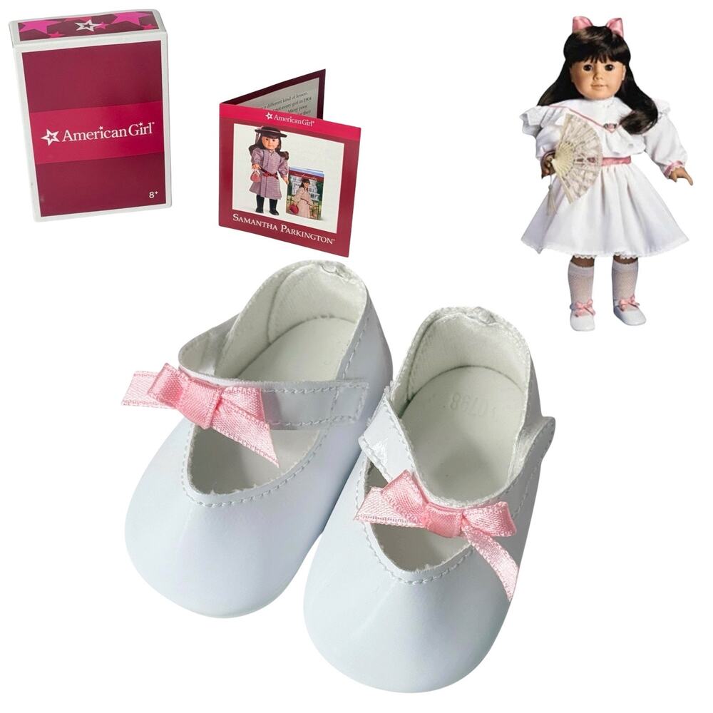 American Girl Samantha Shoes White Tea Party Slipper Pinafore Birthday Accessory